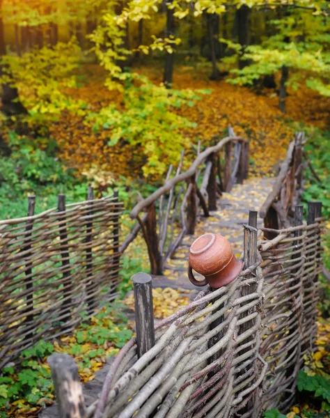 Bridge in bright autumn forest. Natural composition