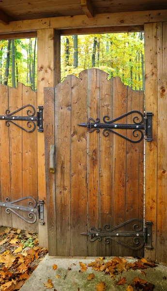 Porta de madeira ornamentada com dobradiças de ferro forjado — Fotografia de Stock