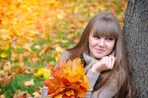 Portrait of beautiful young woman with autumn leaves — Stock Photo, Image