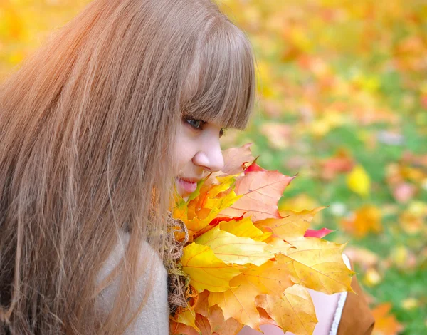 Retrato de una hermosa joven con hojas de otoño — Foto de Stock