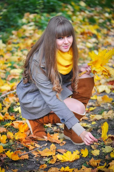 Vacker ung kvinna med löv i skogen höst — Stockfoto