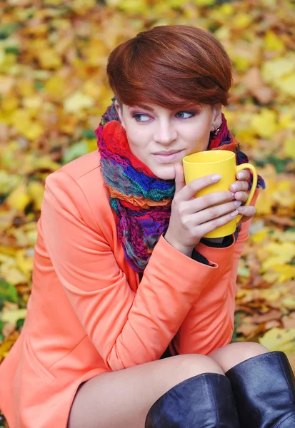 Joven mujer hermosa que sostiene la taza de té en las manos sobre un fondo hojas de otoño — Foto de Stock