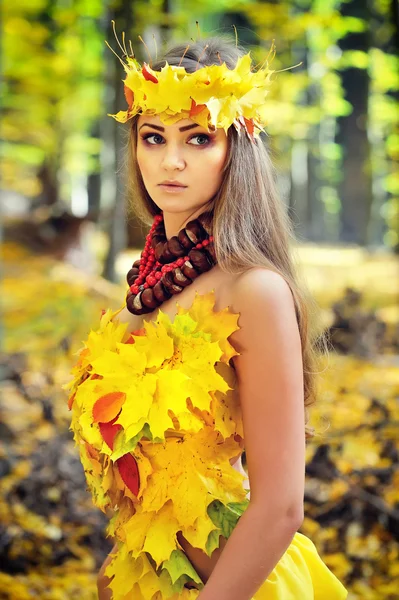 Portret van een mooi meisje in een krans van herfstbladeren — Stockfoto