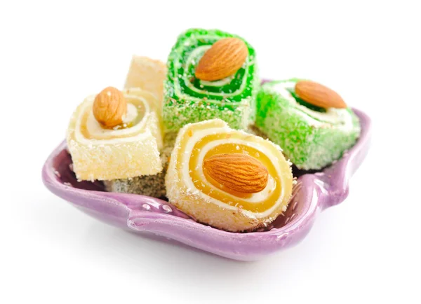 Turkish delight on a saucer isolated on white background — Stock Photo, Image