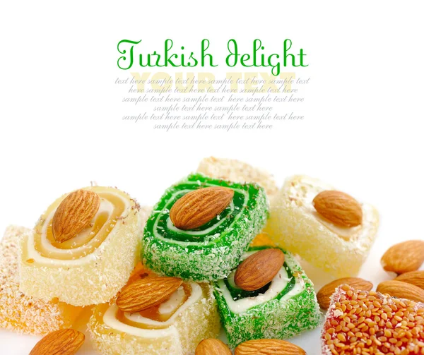 Tasty Turkish delight with almond isolated on white background — Stock Photo, Image