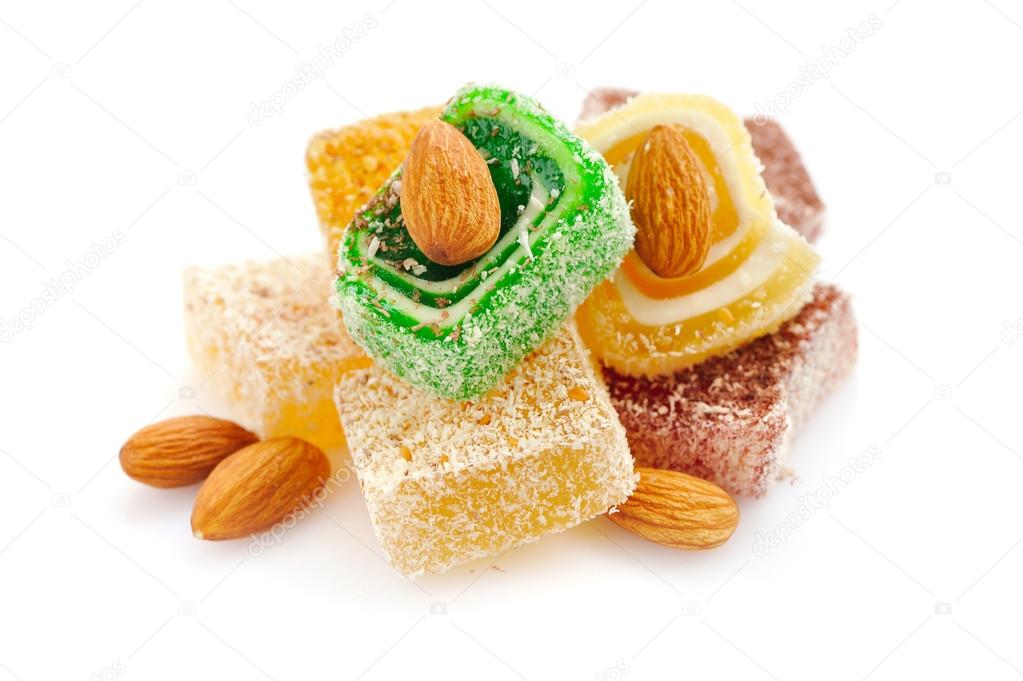 Tasty Turkish delight with almond isolated on white background