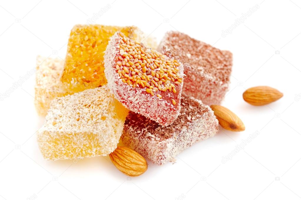 Tasty Turkish delight with almond isolated on white background