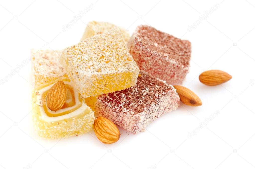Tasty Turkish delight with almond isolated on white background