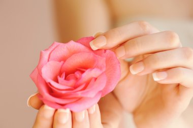 Gül desenli pembe Fransız manikür portre resmi