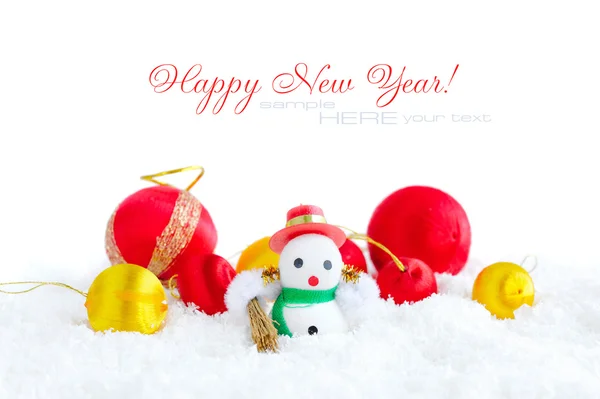 Snowman with Christmas decorations on snow — Stock Photo, Image