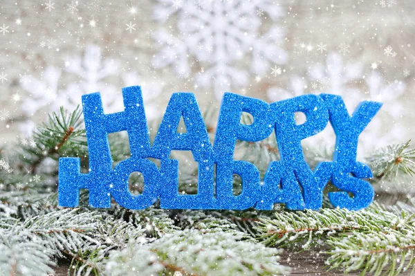 Inscription de joyeuses fêtes avec des branches d'épinette au gel — Photo