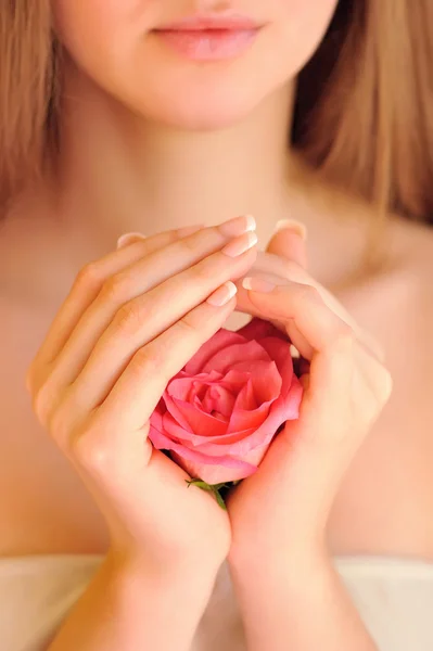 Closeup image of pink french manicure with rose — Stock Photo, Image