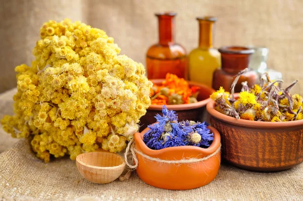 Heilkräuter und Tinkturen in Flaschen auf Sacktuch, getrockneten Blumen, Kräutermedizin — Stockfoto