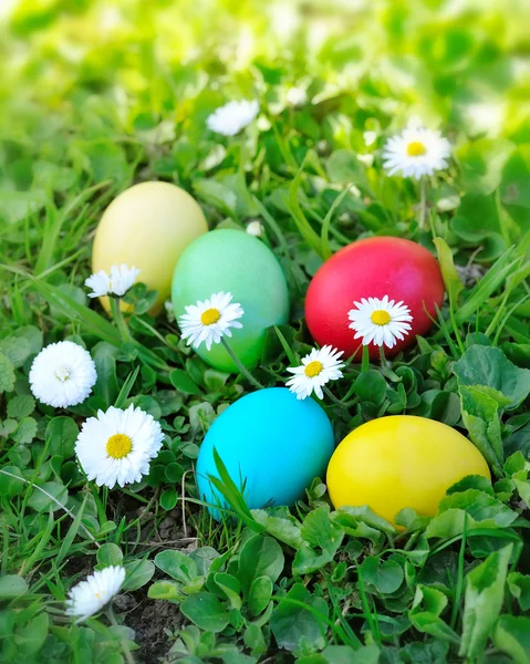 Ovos de Páscoa coloridos na grama verde — Fotografia de Stock
