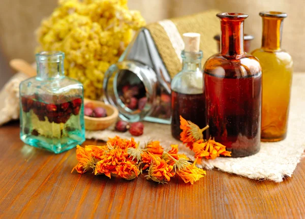 Healing kruiden en tincturen in flessen op zak, gedroogde bloemen, kruiden geneeskunde — Stockfoto