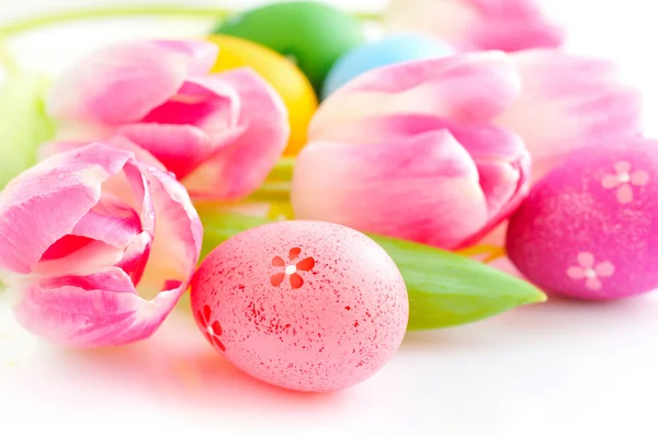 Huevos de Pascua con flores de tulipán rosa sobre fondo blanco — Foto de Stock