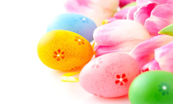 Huevos de Pascua con flores de tulipán rosa sobre fondo blanco —  Fotos de Stock