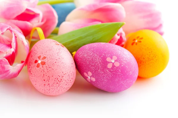 Huevos de Pascua con flores de tulipán rosa sobre fondo blanco — Foto de Stock