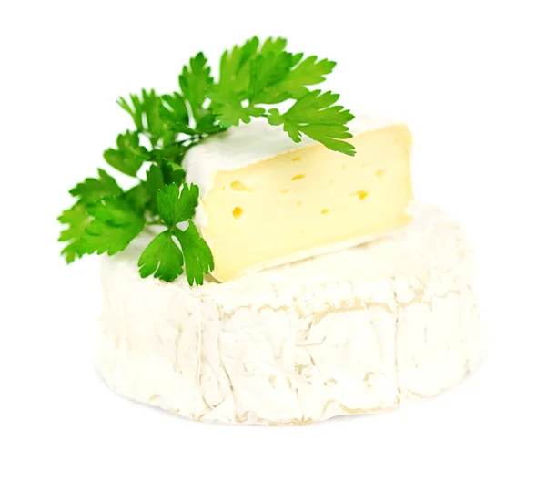 Camembert cheese with a parsley isolated on white — Stock Photo, Image