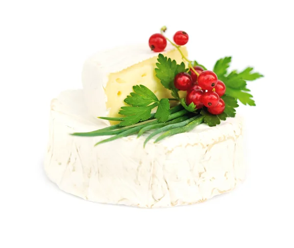Camembert kaas met rode aalbessen en peterselie op wit — Stockfoto