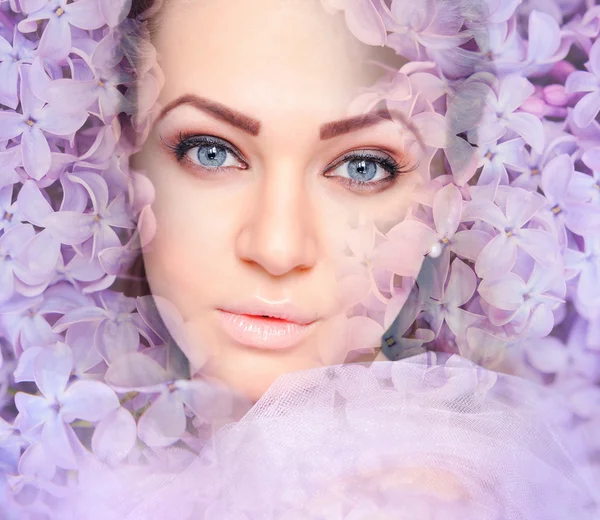 Double exposure portrait of young woman combined with photograph — Stock Photo, Image