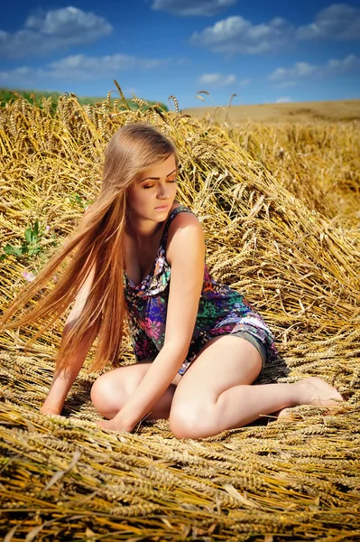 Joven hermosa mujer en el campo de trigo dorado — Foto de Stock