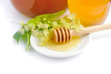 Bal ayı beyaz daire üzerinde Ihlamur çiçekleri ile bal ile