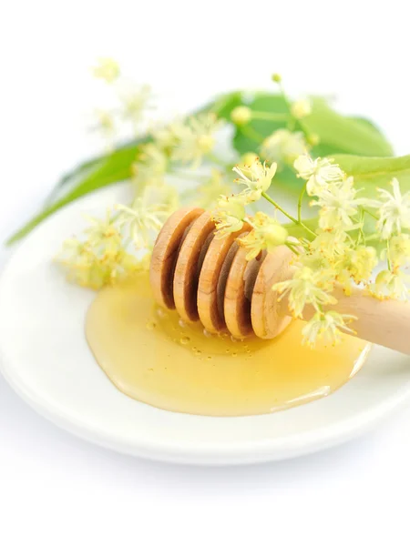 Olla de miel con miel con flores de tilo en platillo blanco —  Fotos de Stock