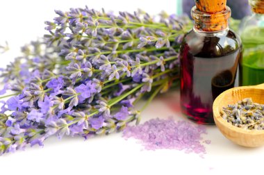 Lavanta taze çiçekler ve beyaz arka plan üzerinde lavanta yağı