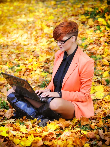 Mujer linda con portátil en el parque de otoño — Foto de Stock