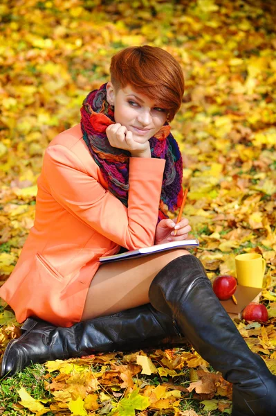 Chica estudiante pelirroja con cuaderno en un fondo pulga de otoño — Foto de Stock