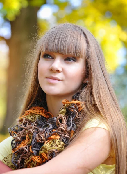 Un retrato de una joven hermosa mujer está en un parque de otoño — Foto de Stock