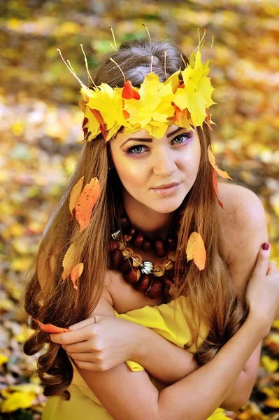 Retrato de una hermosa niña en una corona de hojas de otoño —  Fotos de Stock