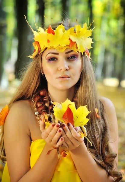 Retrato de una hermosa niña en una corona de hojas de otoño — Foto de Stock