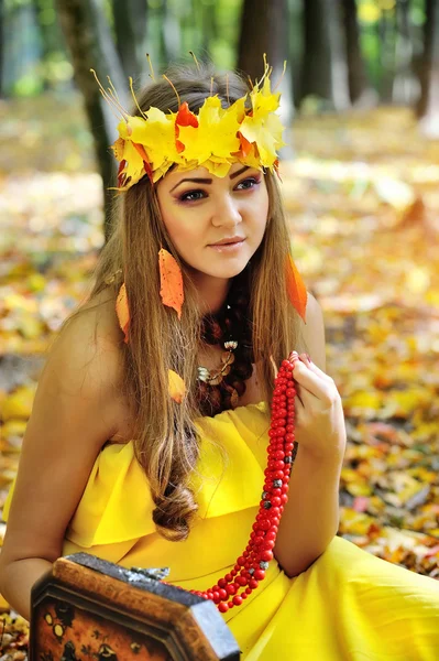 Portrait of a beautiful girl in a wreath of autumn leaves — Stock Photo, Image