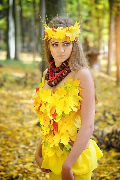 Retrato de una hermosa niña en una corona de hojas de otoño — Foto de Stock