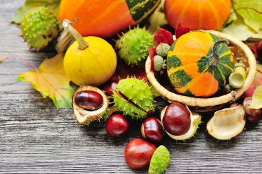 Sonbahar yaprakları ve ahşap b mini kabak ile taze kestane