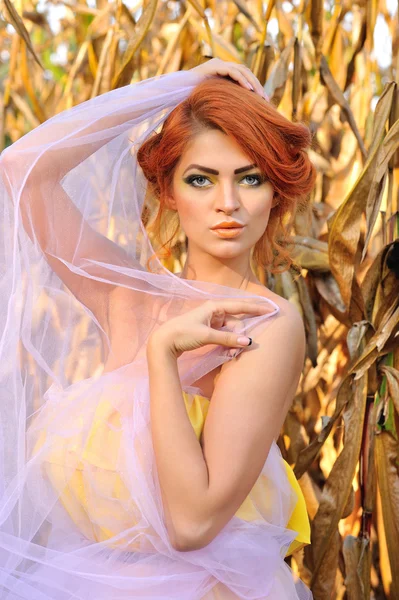 Beautiful redhead woman posing over corn autumn field — Stock Photo, Image