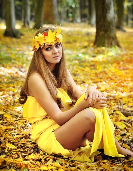 Retrato de una hermosa niña en una corona de hojas de otoño — Foto de Stock