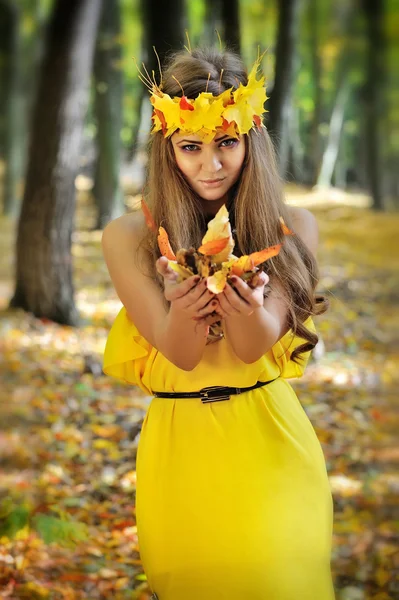 Portret van een mooi meisje in een krans van herfstbladeren — Stockfoto