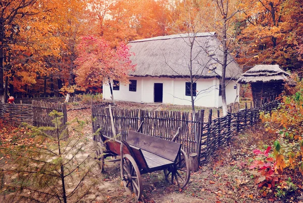 Український музей життя і архітектури. Стародавні хати з солом'яний дах і дерев'яною візку — стокове фото