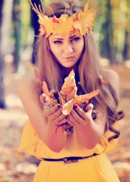 Hermosa chica en el bosque de otoño — Foto de Stock