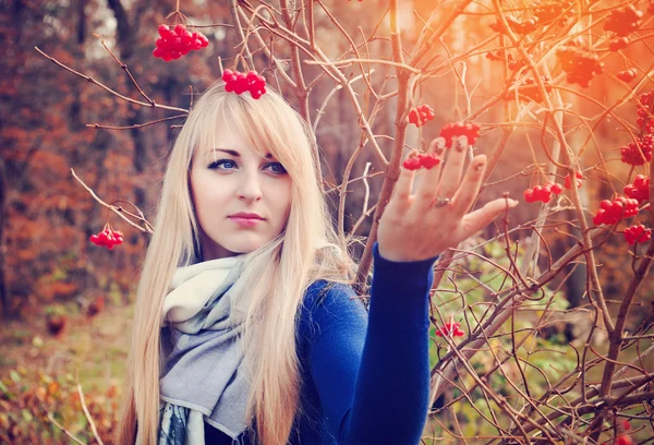 Portret van een mooi meisje in de buurt van de rode planten van viburnum — Stockfoto