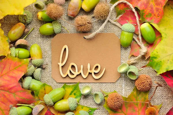 Word LOVE on the background of the label with autumn leaves and — Stock Photo, Image