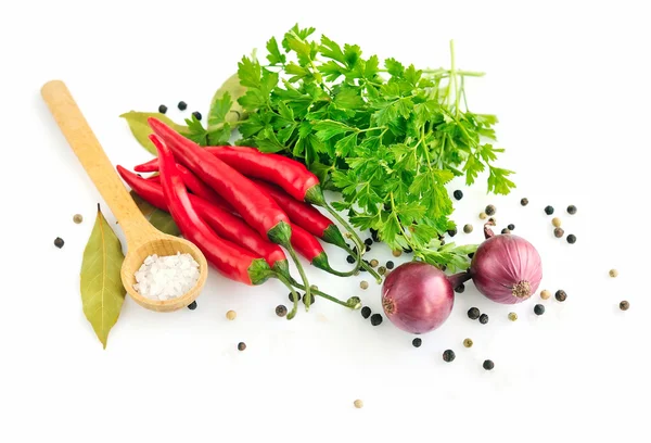 Parsley, garlic clove, onion, red pepper and spices on white background — Stock Photo, Image