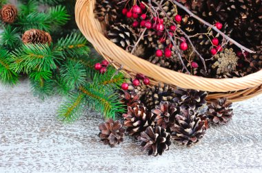 Cones and branches Christmas tree. Preparing for Christmas, natural decorations.