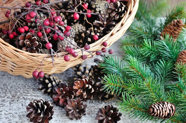 Tannenzapfen und Äste Christbaum. Vorbereitung auf Weihnachten, natürliche Dekoration. — Stockfoto