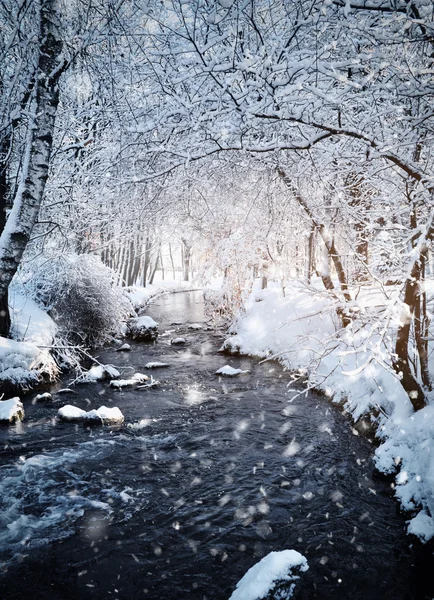 Vinterlandskap med floden i frostiga soliga dag — Stockfoto