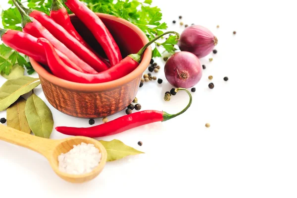 Červený pepř, petržel, stroužek česneku, cibule a koření na bílém pozadí — Stock fotografie