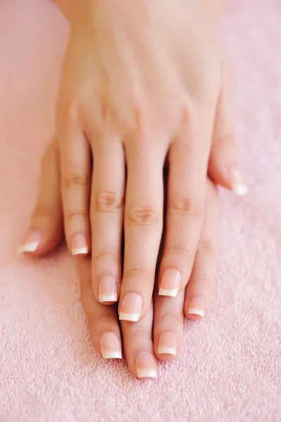 Mãos de mulher com bela manicure francesa — Fotografia de Stock